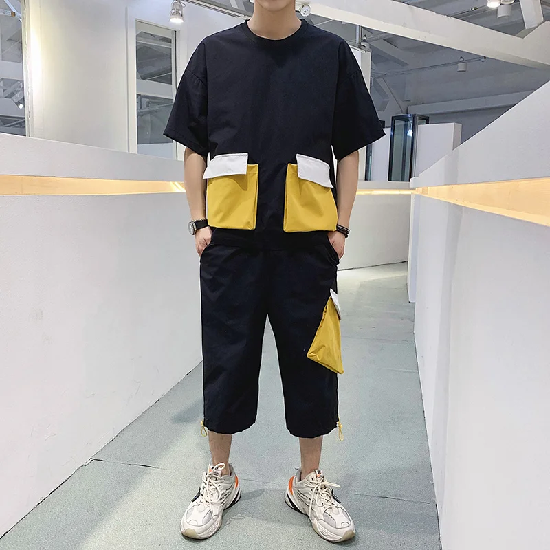 Летние мужские комплекты с большими карманами спортивная одежда модная черного