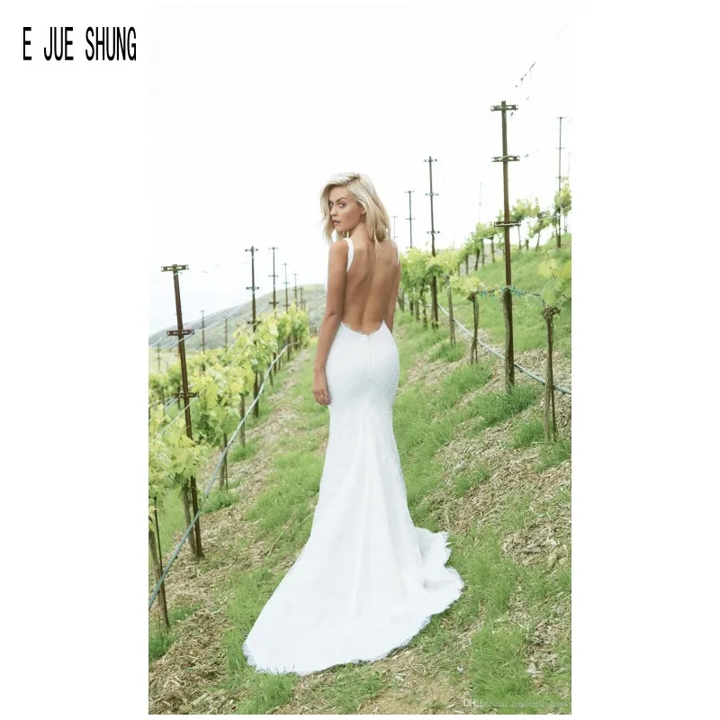 

E JUE SHUNG Sexy Country Backless Mermaid Wedding Dresses Deep V Neck Lace Appliques Satin Beach Bridal Gowns Robe De Mariee