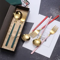 304 stainless steel titanium fork round spoon long handle korean bibimbap spoon portable gift box 2pcsset