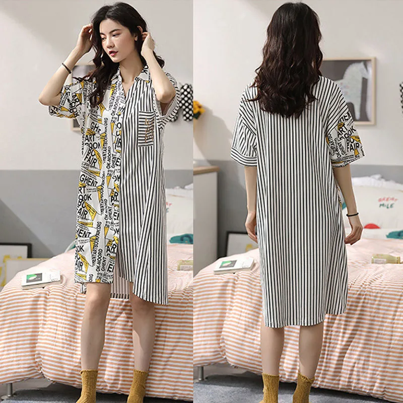 

New Summer Cotton Cardigan Ladies Nightdress Personality Stylish Comfortable Breathable Short-sleeved Loose Casual Night Shirts