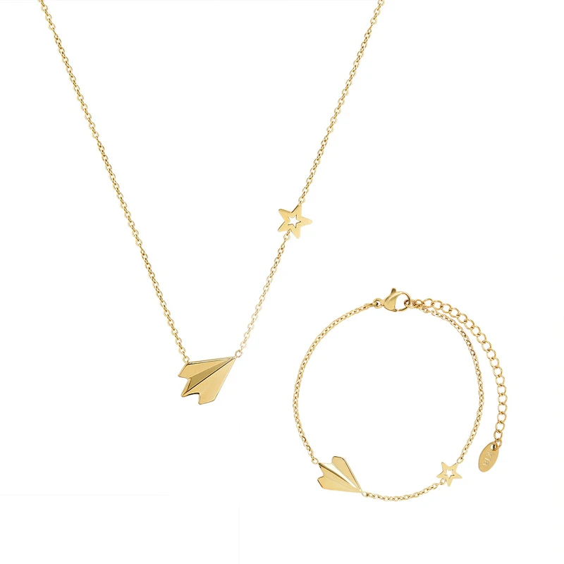 

YAONUAN Trend Creative Childlike Jewelry Set For Women Paper Airplane Gold Plated Titanium Steel Necklace/Bracelet Ladies Gifts