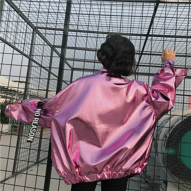 

Harajuku Laser Sunscreen Glossy Bomber Coat Loose Silver Reflective Cardigan Jacket Couples Stage Dance Streetwear Zipper Tops