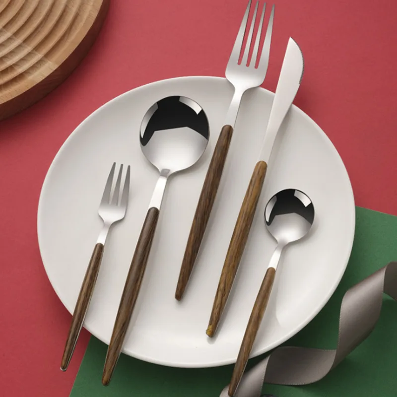 

Нож для стейка из нержавеющей стали, 20 шт., глянцевые деревянные столовые приборы, вилка набор столовых приборов с чайной ложкой