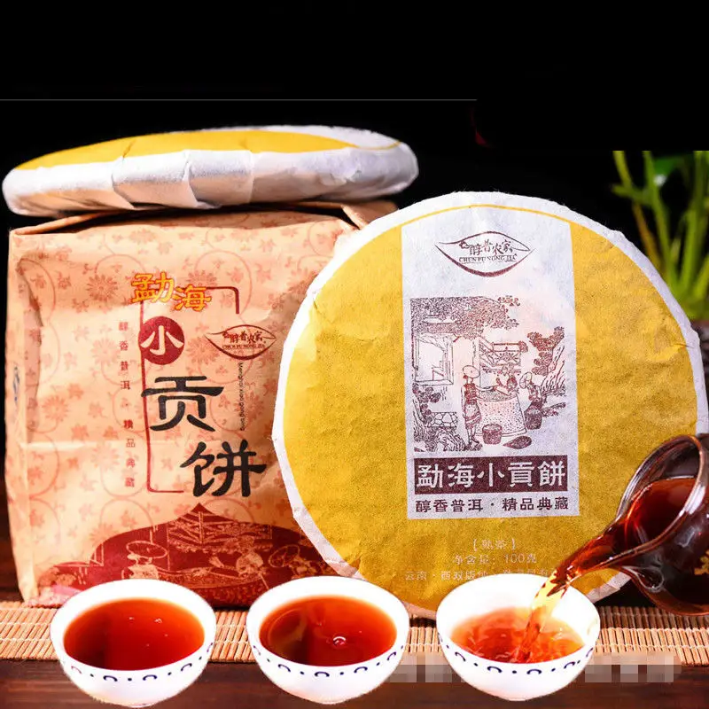 ПУ эр 100 г 2019 Юньнань менхай Спелые трибуны золотистые бутоны мини торт Пу Шу чай