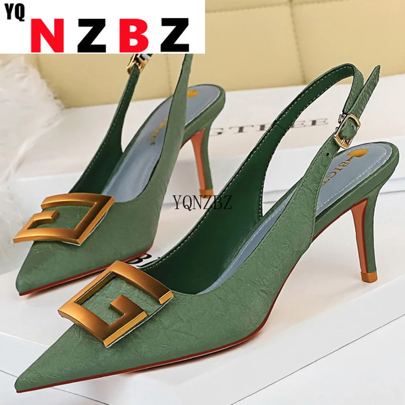 

2022 Summer Women Green Beige Heels Slingback Sandals Office Ladies 7.5cm High Heels Party Sandals Plus Size Dress Bridal Shoes