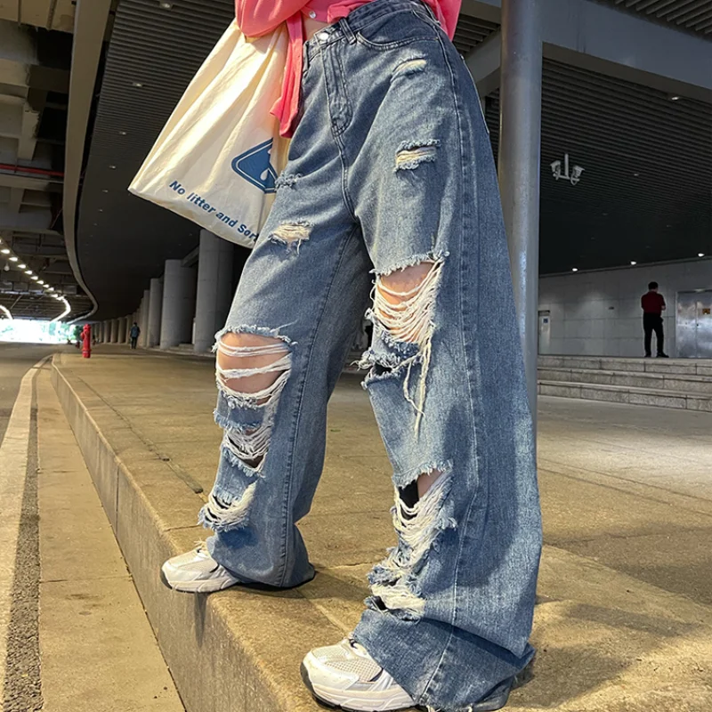 

2021 Women Summer Fried Street High Waist Large Size Loose Straight Pants Dragging Wide Leg Pants Jeans For Women Y2k Jeans