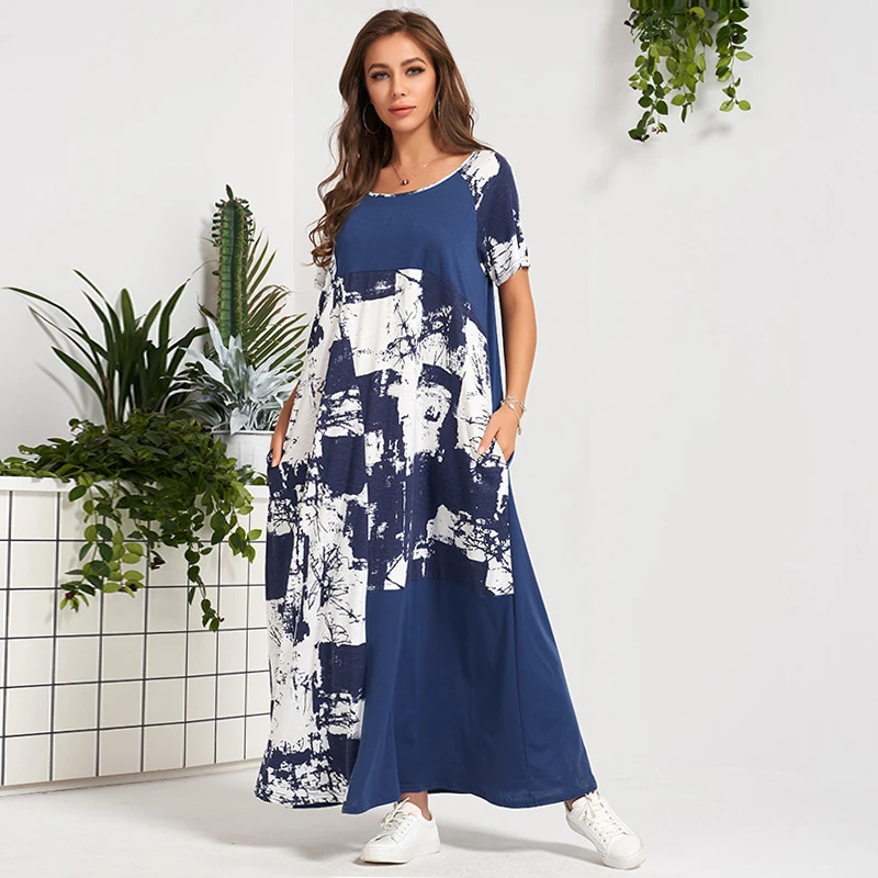 

New Summer Women's Dress Fashion Blue White Patchwork Stretchable Loose Short Sleeve O-neck Home Casual All-match Maxi Dress 3XL