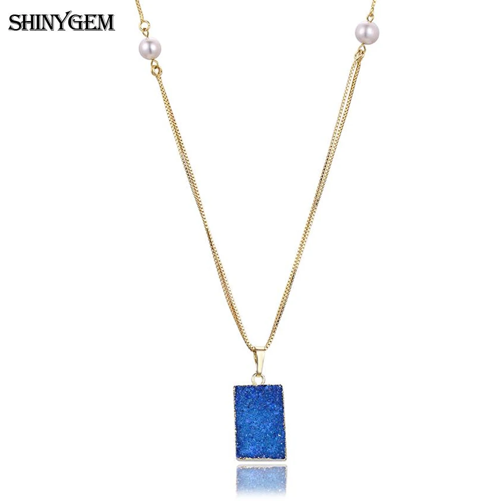 

ShinyGem Contracted Style Square Shape Natural Druzy Crystal Necklace For Women Gift Pearl Gold Plating Bezel Long Chain