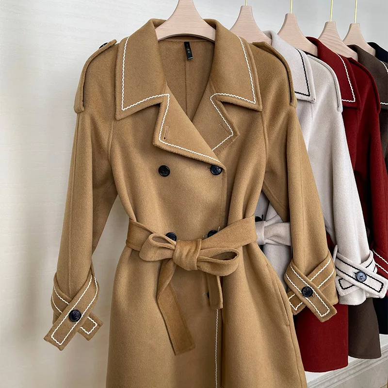 

Женское шерстяное пальто средней длины, осенняя Повседневная ветровка, стильное двубортное пальто из 100%-ной шерсти, Женское зимнее плотное пальто на шнуровке