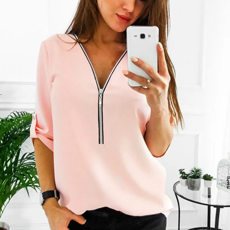 Женская шифоновая блузка с v образным вырезом на молнии свободная рубашка