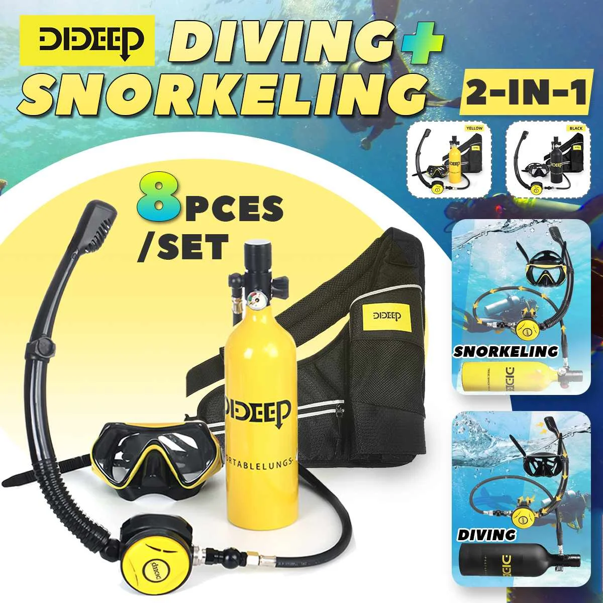

DIDEEP 1L Scuba Diving Cylinder Mini Oxygen Tank Set Respirator Snorkeling Tube Dive Glasses for Diving Snorkel Equipment NEW