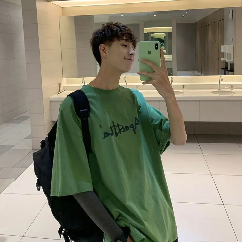 

Letter printed T-shirt men short-sleeved t-shirts 2021summer new fashion Korean Harajuku bf preppy style casual loose tops trend