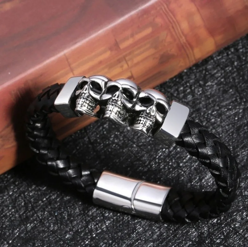 

Classic Punk Gothic Metal Skull Handmade Braided Leather Bracelet Cool Men's Rock Biker Jewelry