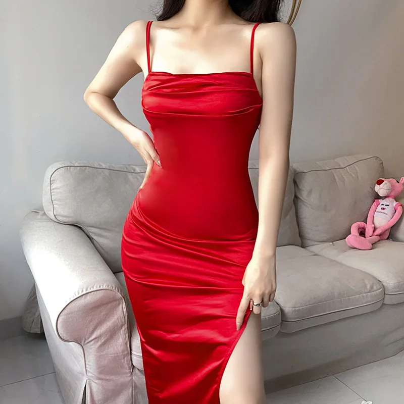 

Red temperament dress 2021 summer INS fashion slim slit MIDI skirt