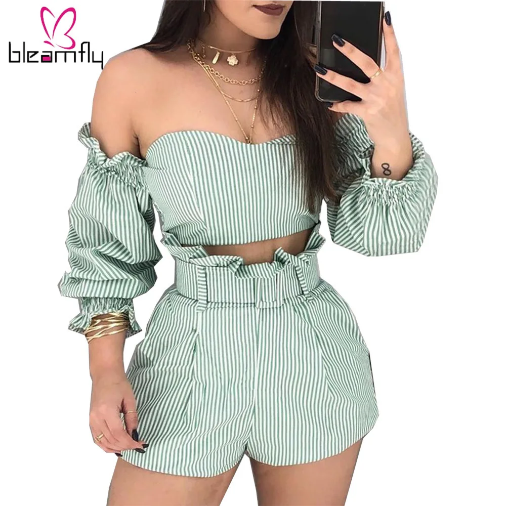 2019 Летняя женская блуза с открытыми плечами и длинным рукавом в полоску принтом