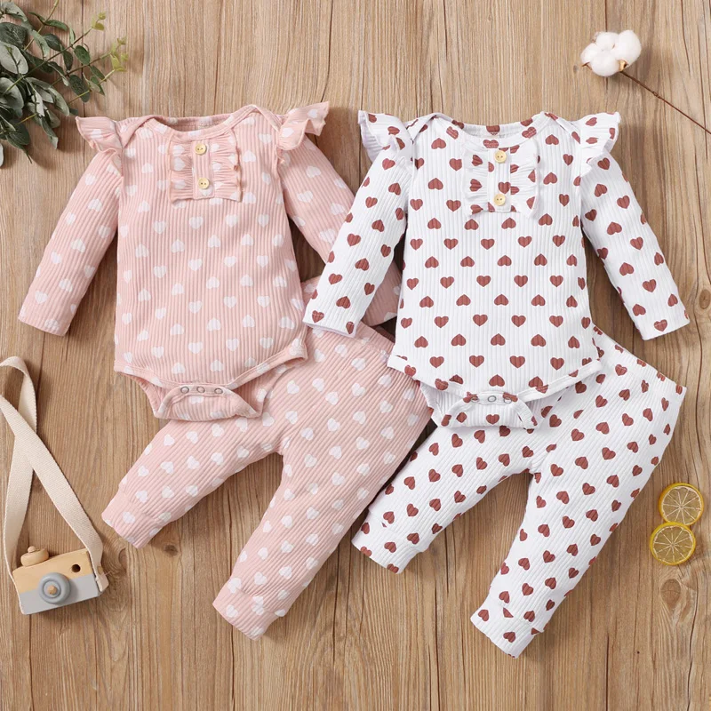 

2Pcs Baby Outfits Heart Print Ribbed Ruffled Long Sleeves Romper+Elastic Waist Pants for Toddler Girls 0-18 Months Baby Clothing