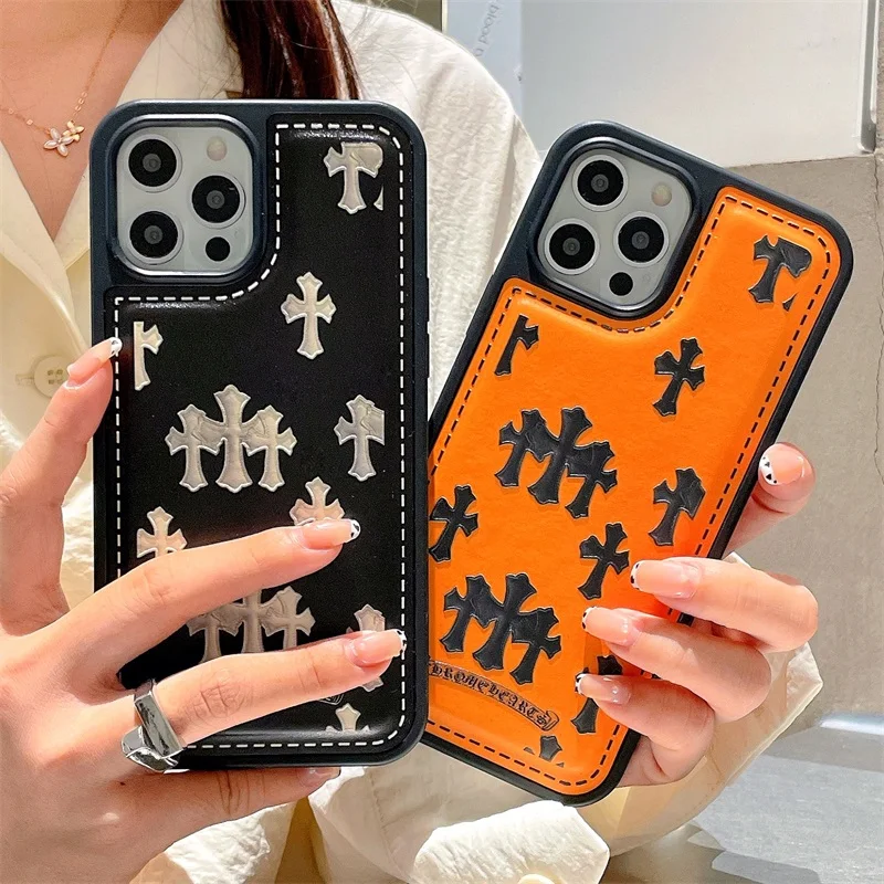 

Fashion Black Chrome Hearts Cross Phone Case for Iphone 13 12 11 Pro Max X XS XR 7 8Plus Shockproof Leather Protection Cover