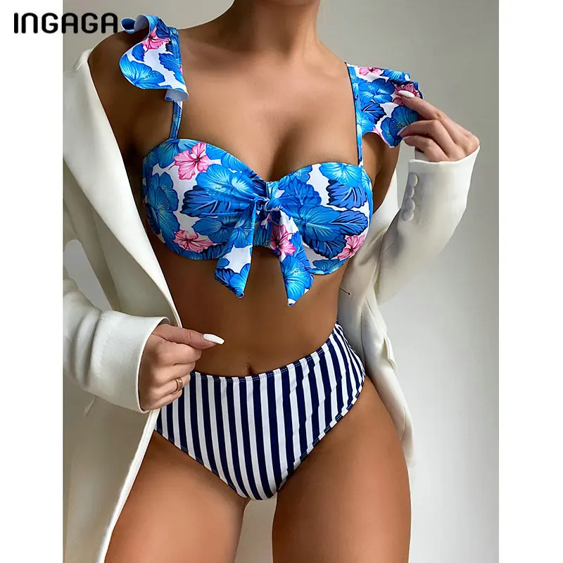 

INGAGA Floral Print Bikinis Set Sexy Ruffled Woman Swimsuits High Waist Swimwear 2021 Striped Beachwear Bow Women's Suit