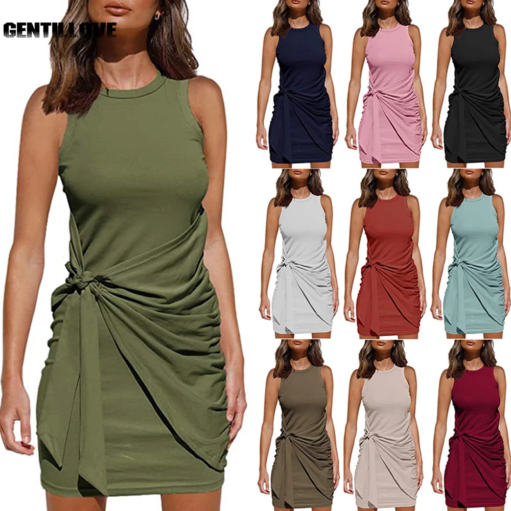 

Женское мини-платье с круглым вырезом, без рукавов, с завязкой-бантом