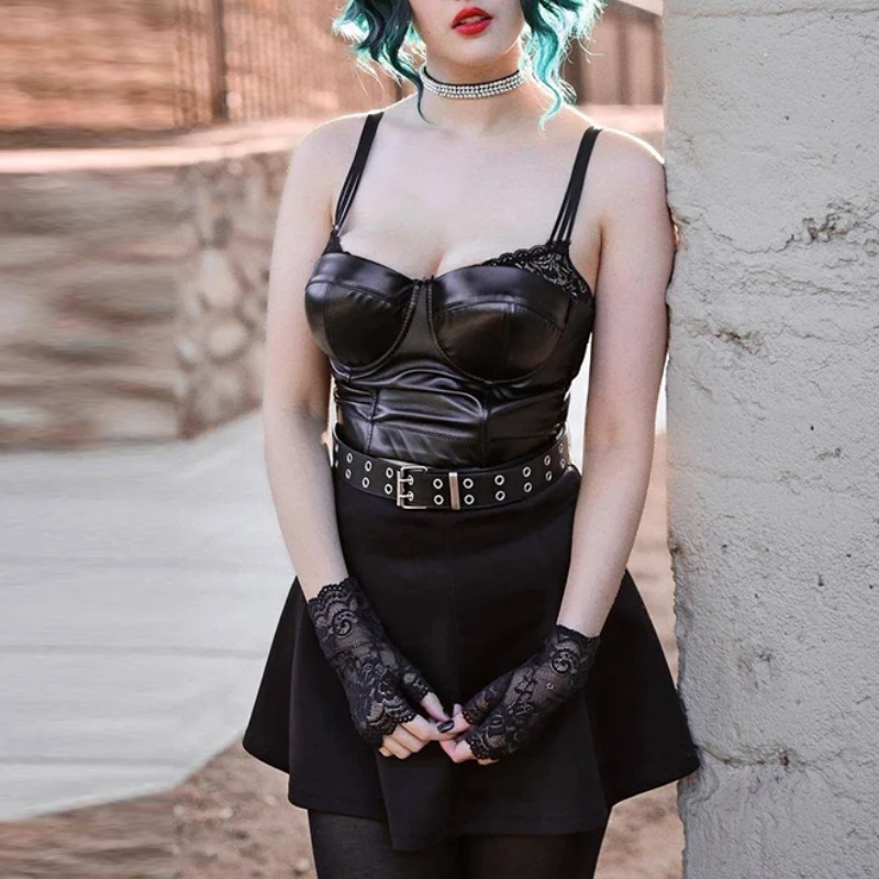 

Tops for Women 2021 Punk Lace Leather Black Camis Y2K Goth Bodycon Corset Sexy Backless Zipper Crop Tank Top Camisole