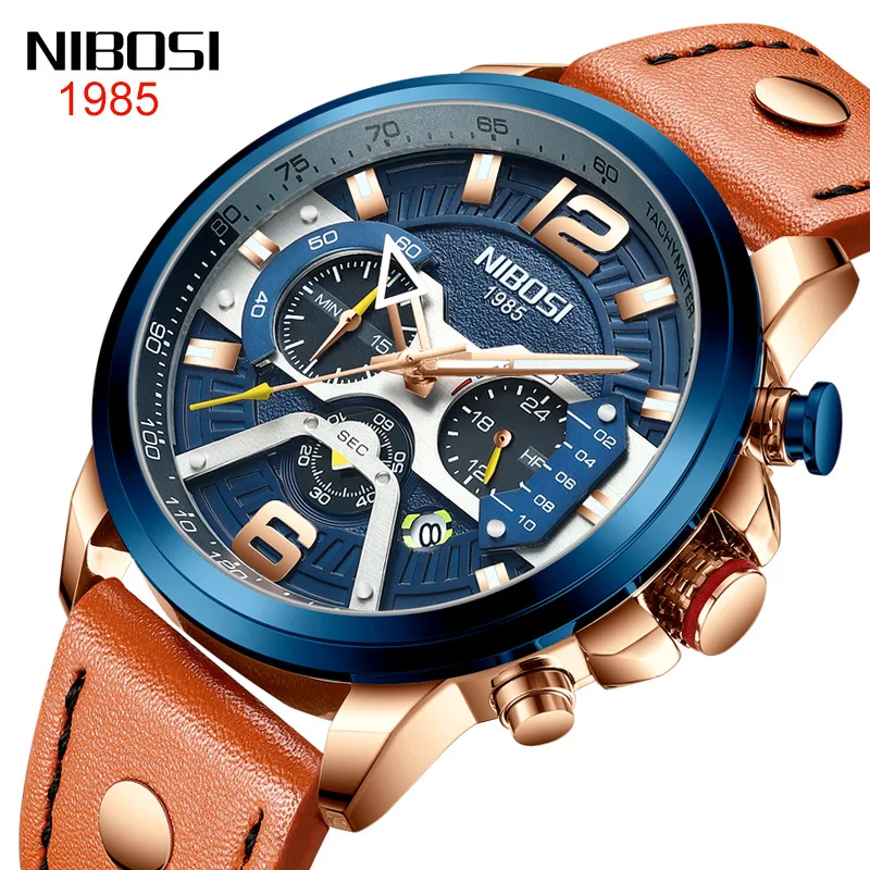 NIBOSI Men Watches Luxury Brand Leather Chronograph Quartz Watch Fashion Watch Sport Clock Male Hour Relogio Masculino 2373