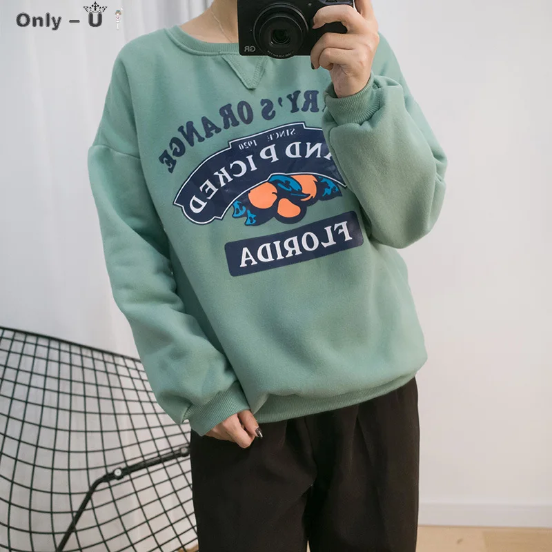 

Women'S Harajuku Fleece Thickening Print Kawaii Sweatshirt Female Korean Cute Thick Velvet Loose Svitshot