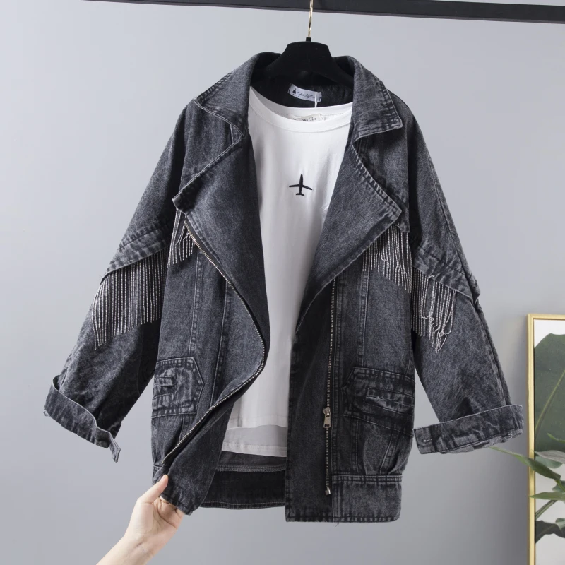 

Heavy work Chain Tassel Mid-length Women Jeans Jackets Loose Casual Turndown collar Long sleeve Harajuku Denim jacket Female