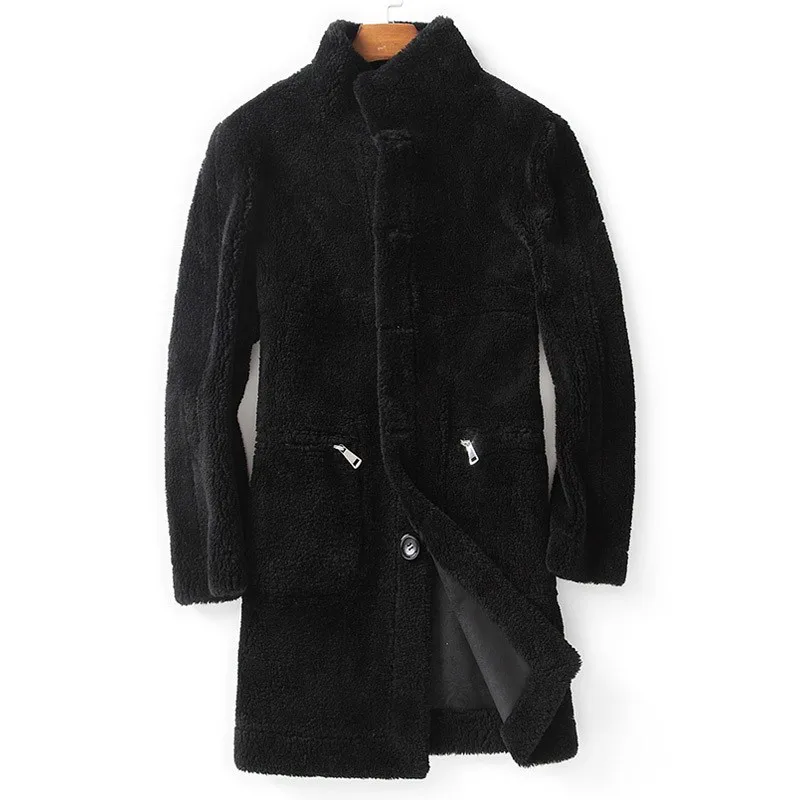 

Mens Winter Jacket Reversible Luxury Wool Shearling Long Coats Brand Stand Collar Business Natural Fur Coat Male Plus Size 5XL