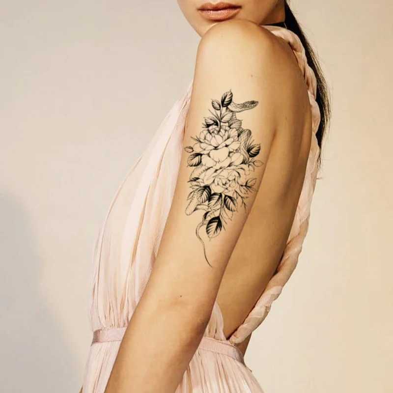 

Waterproof Temporary Tattoo Sticker Black Snake Rose Peony Flower Leaves Body Art Fake Tatto Flash Tatoo Arm Hand for Men Women