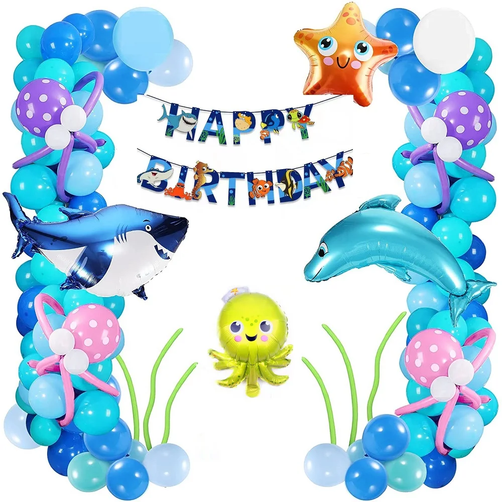 

Boy girl ocean theme birthday party decoration sea animal aluminum foil balloon happy birthday banner decoration baby shower