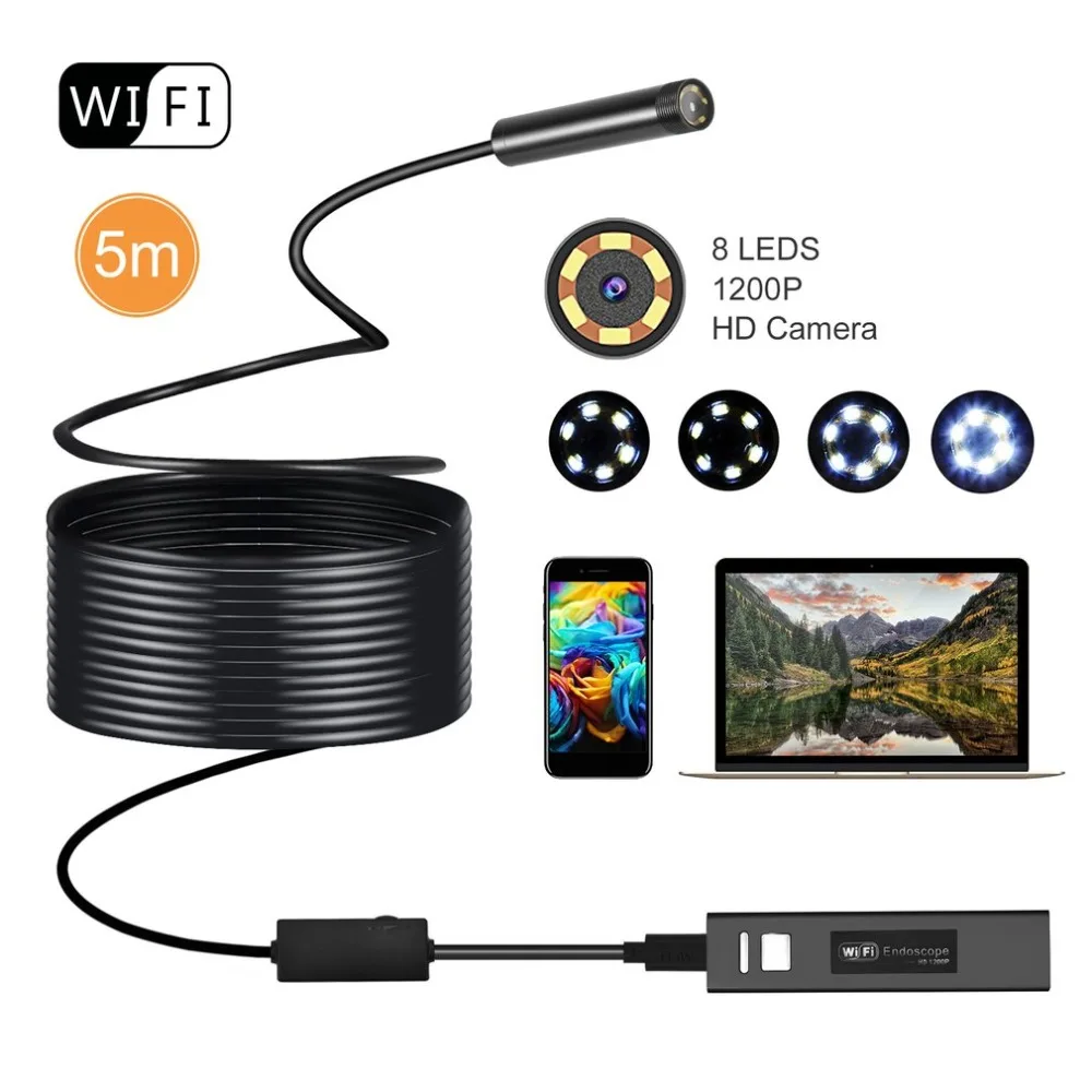 OUTAD беспроводной Эндоскоп 2MP HD1200P Wifi USB бороскоп Водонепроницаемая Инспекционная камера полужесткая Гибкая змеиная камера 5 метров