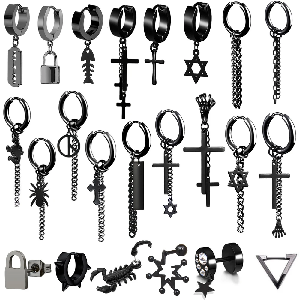 

1pair/2 Pieces Punk Cross Stars Pendant Round Earrings For Women Rock Men Simple Stainless Steel Stud Earrings Jewelry