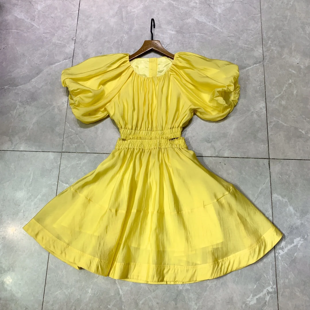 

2021 Summer Prairie Chic Holiday Cottagecor Dress Women Puff Sleeve Pure Yellow Back Cutout Cotton Robe Festa Vestido Cute Dress