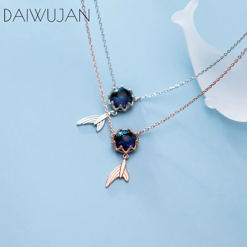 DAIWUJAN серебро 925 пробы синяя Хрустальная корона хвост русалки подвеска ожерелье