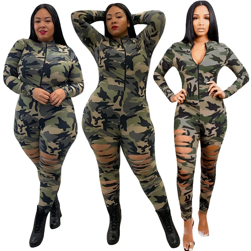 

2021 camouflage print burnt holes sexy fashion plus size women's jumpsuit
