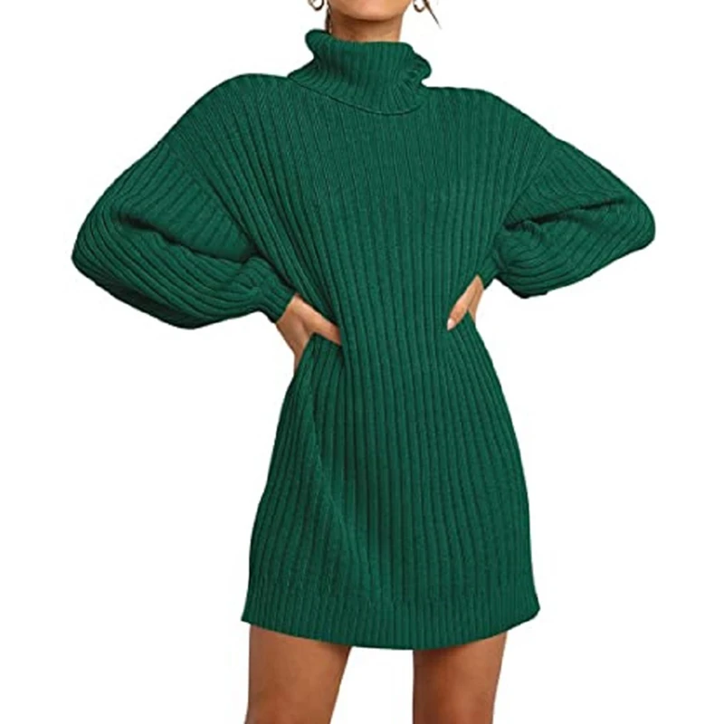 

2020 Autumn Women Oversized Knitted Dress Sweater Solid Long Sleeve Casual Elegant Mini Warm Winter Turtleneck Dress