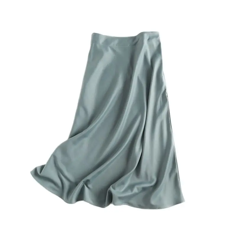 

women solid quality satin midi skirt vintage side zipper office ladies elegant chic A-line skirts 6D18