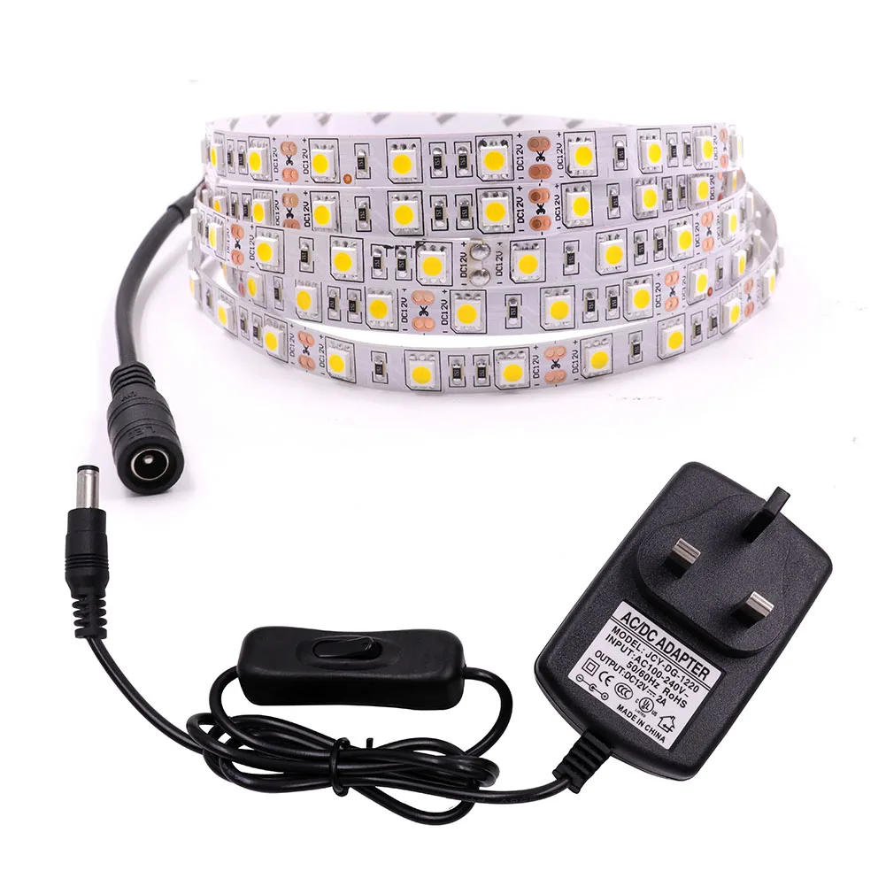 Bande lumineuse étanche avec connecteur DC EU/US/AU/UK  1m 5m Led 12V 5050 SMD 60LED/M LED  ruban