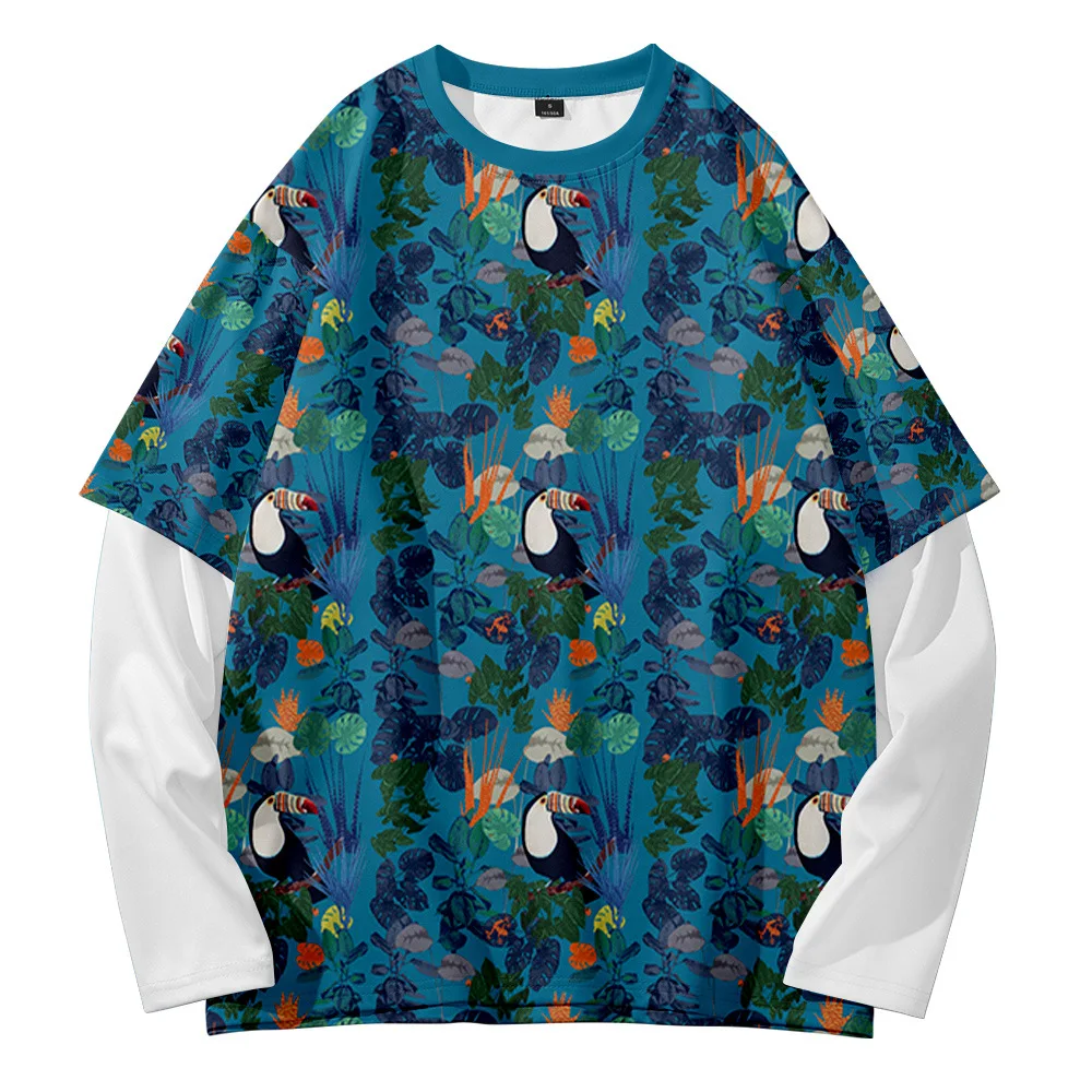 

Casual style plant summer retro trend street style fashion round neck fake two-piece sweater