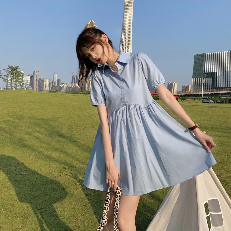 

Blue Cotton Puff Sleeve Summer Women Dress 2021 Casual A-line Shirt Collar Short Dress Elegant Solid Color Folds Vestidos