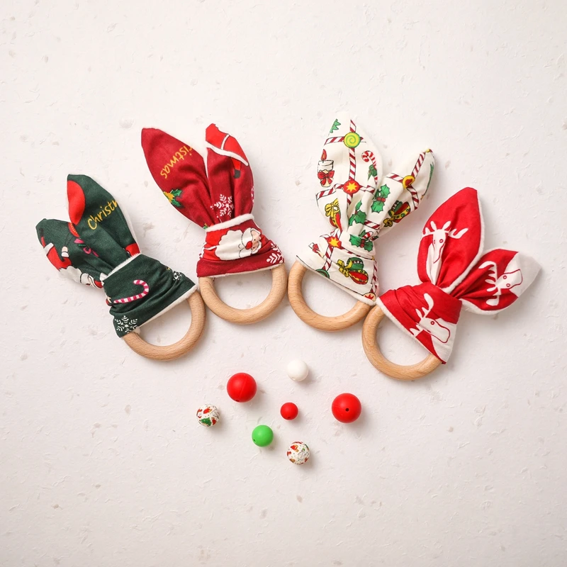 

1 PC Animal Wooden Teether Wooden Rabbit Ring 1PC BPA Free Accessories Teething Toys Food Grade Baby Teethers Christmas Gifts