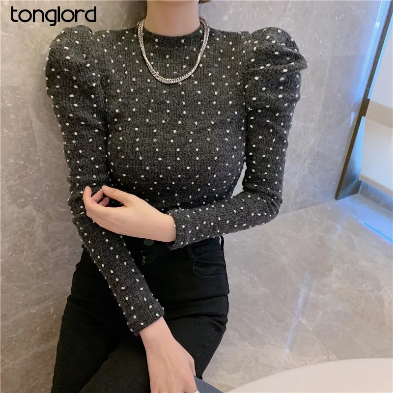 

French Style Women Casual Polka Dot Print T-shirts 2020 New Autumn Winter Puff Sleeve Knitted Bottoming Tops Sweater T Shirts