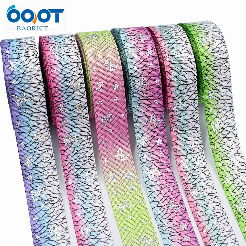 Цвет градиент лазерный Бабочка Grosgrain ленты 1 дюйм (25 мм) шириной 10 метров для