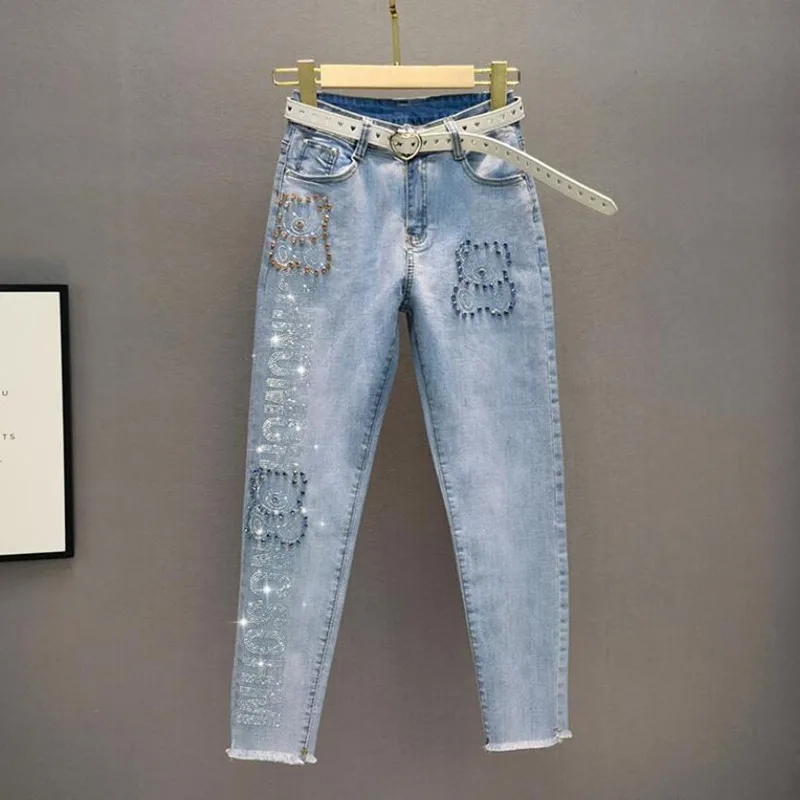 Heavy Work Diamond Jeans Women New High Waist Slim Ankle-Length Denim Pants Fashion Simple Skinny Pencil Pants джинсы s1419