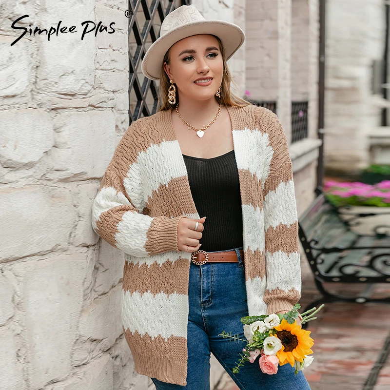 

Simplee Plus Oversize patchwork bat sleeves winter cardigan Color stitching drop sleeve plus size sweaters Female autumn sweater