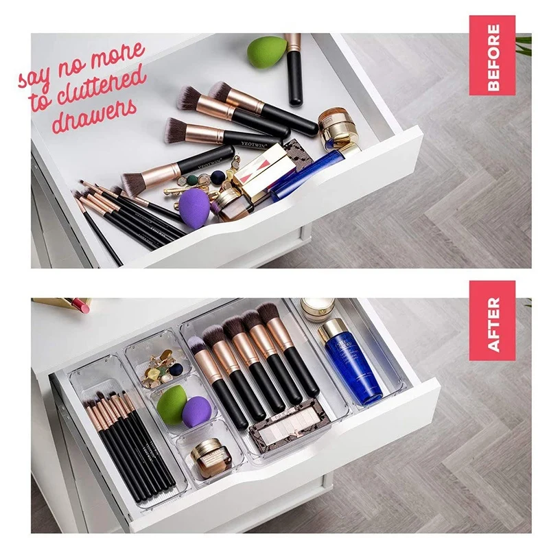 

16Pcs 5 Size Plastic Desk Drawer Organizer Set & 23 Pcs Desk Drawer Organizers Set, Clear Vanity Drawer Organizers