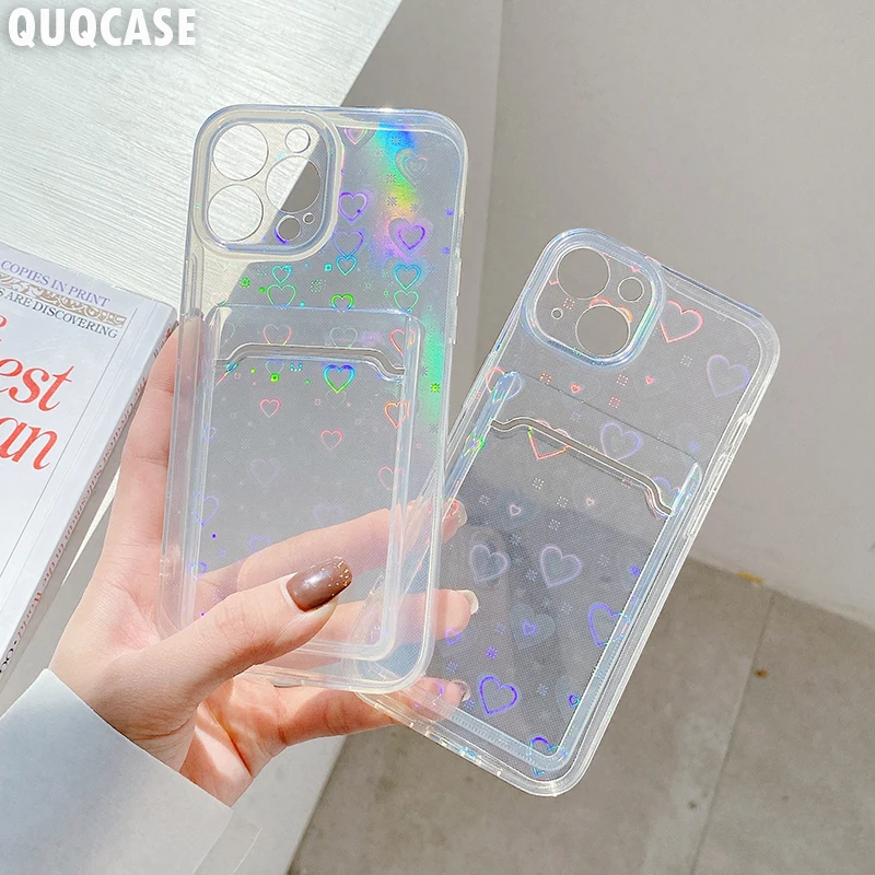 Reflective Holographic Heart Case For iPhone 14 13 Pro Max iP 11 12 7 8 Plus XR XS X SE 2020 Laser Soft Wallet Card Holder Cover