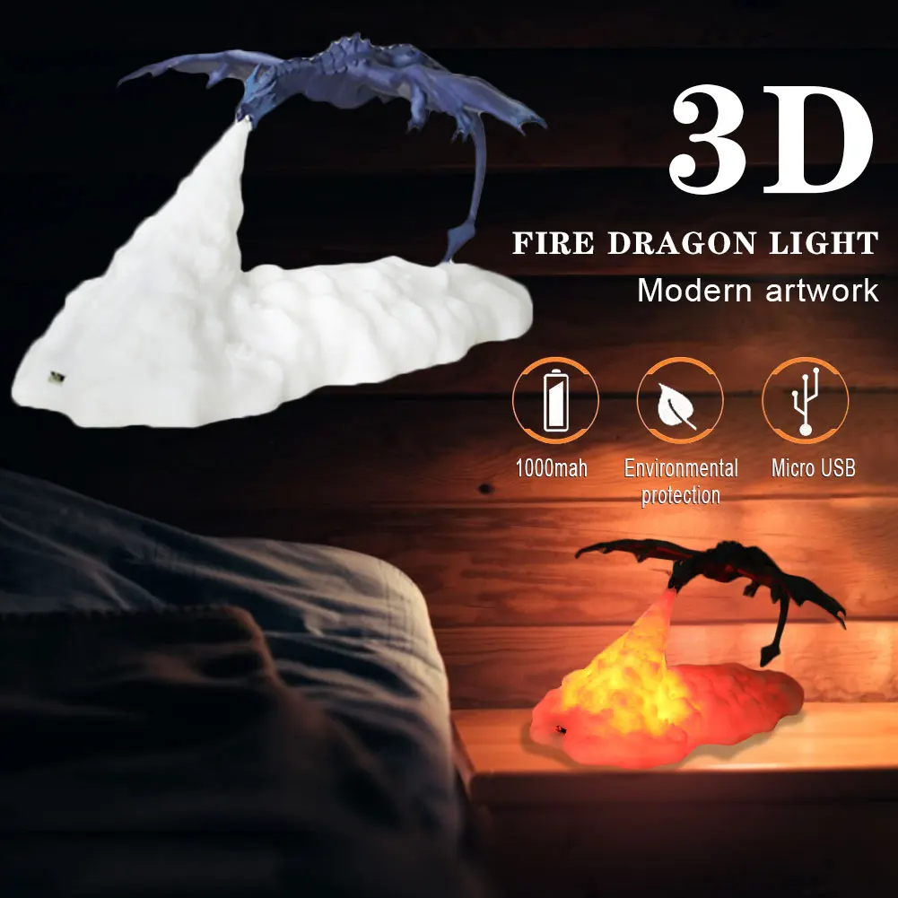 Цена 3D лампа с принтом светодиодный синий и Огненный Дракон лампы для украшения дома Ночной светильник с USB Перезаряжаемые фестиваль подарки для...