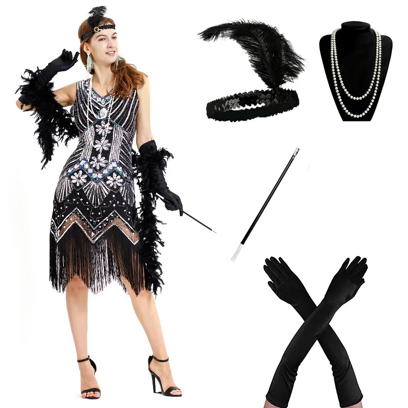A 1920s Flapper платье Great Gatsby вечерние платья с блестками и бахромой - Цвет: A