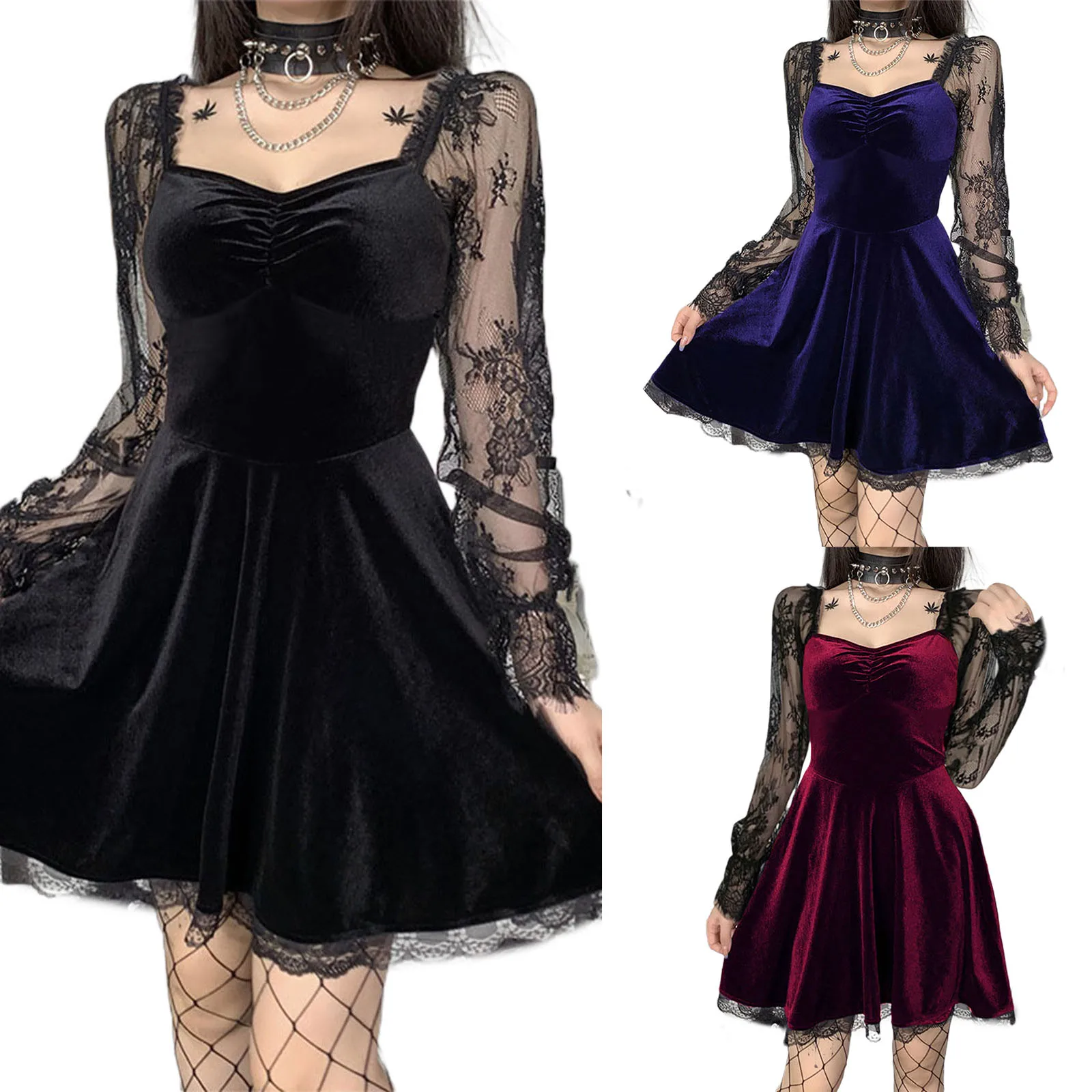 

Women Vintage Dress, Sweetheart Neckline Mesh Long Sleeve High Waist Solid Color Tight Fitting Loose Hem Skirt 2022 New Fashion